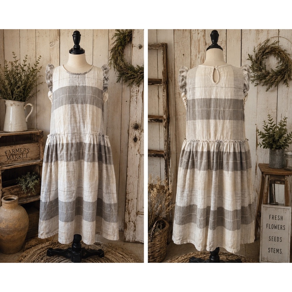 UpWest Plaid Cotton Ruffle Sleeve Midi Dress Size Large Cottagecore Lagenlook